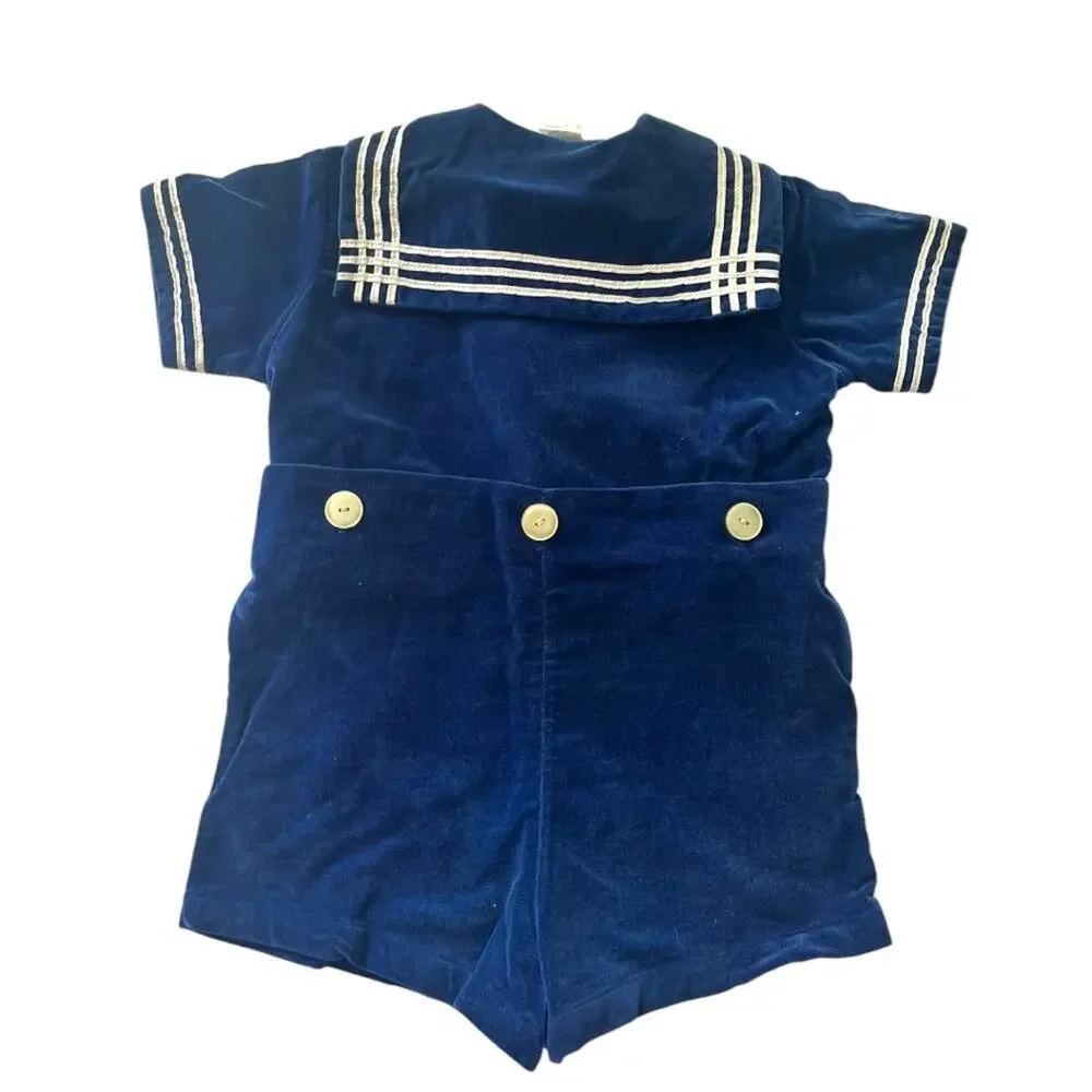 Size 2T/3T Vintage 50s Goodlad Navy Blue Sailor Boy Romper White Stripes Velour